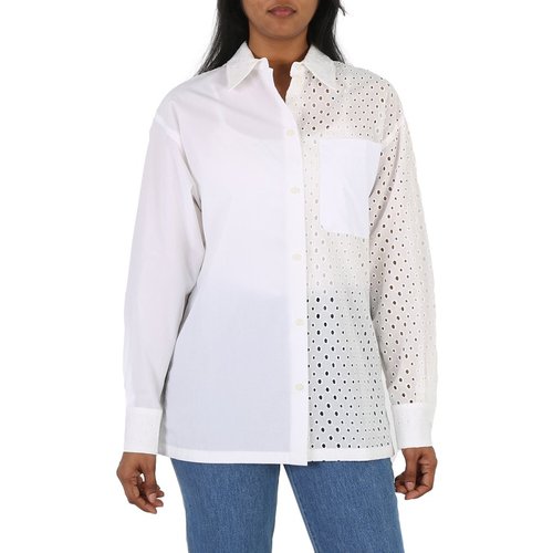 KENZO Ladies Off Broderie Anglaise Long-Sleeve Cotton Shirt - White - FD52CH0789FG.02