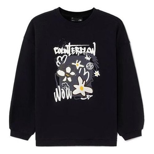 Li-Ning CF Sports Fashion Series Flowers Alphabet Printing Loose Fleece Lined Round Neck Pullover Hoodie - Black - AWDS556.1