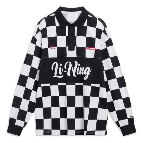 Li-Ning Checkerboard Graphic Long Sleeve Polo Shirt - Black/White - APLT013.1