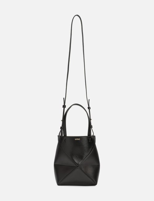 LOEWE Mini Puzzle Fold Tote In Shiny Calfskin - Black