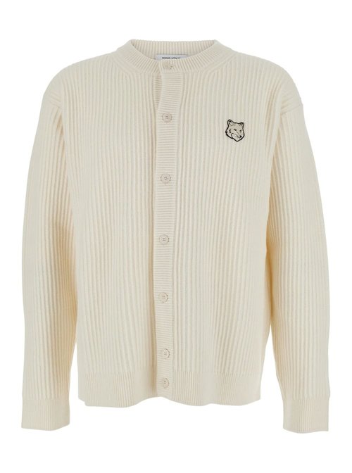 MaisOn Kitsuné Beige Ribbed Knit Crewneck Cardigan With Logo Embroidery On The FrOnt In Wool Man - PM00508KT1149P700