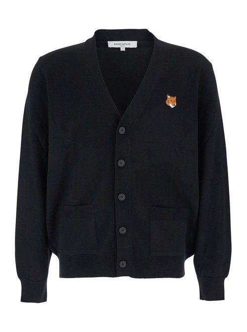 MaisOn Kitsuné Black Cardigan With V Neck And Logo Patch On The FrOnt In Wool Man - PM00501KT1181P199