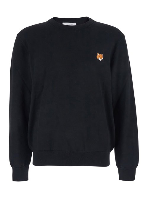 MaisOn Kitsuné Black Crew Neck Sweater With Fox Patch On The FrOnt In Wool Man - PM00801KT1181P199