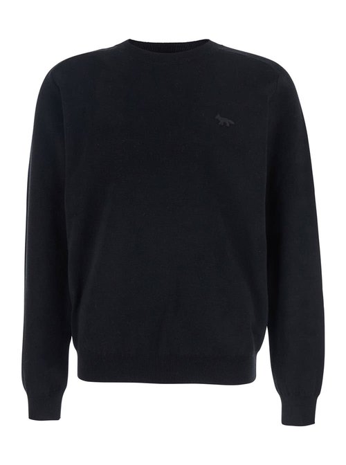 MaisOn Kitsuné Black Crew Neck Sweater With Fox Patch On The FrOnt In Wool Man - PM00813KT1168P199