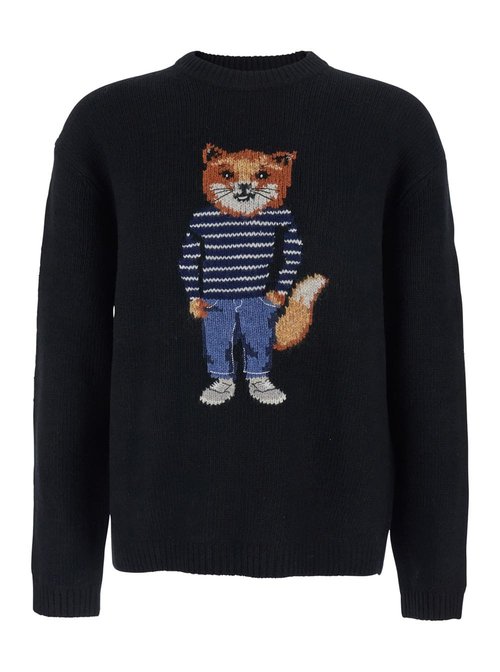 MaisOn Kitsuné Black Crewneck Sweater With Logo Embroidery On The FrOnt In Wool Blend Man - PM00806KH0002P199