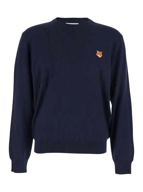MaisOn Kitsuné Blue Crew Neck Sweater With Fox Patch On The FrOnt In Wool Man - PM00801KT11810413
