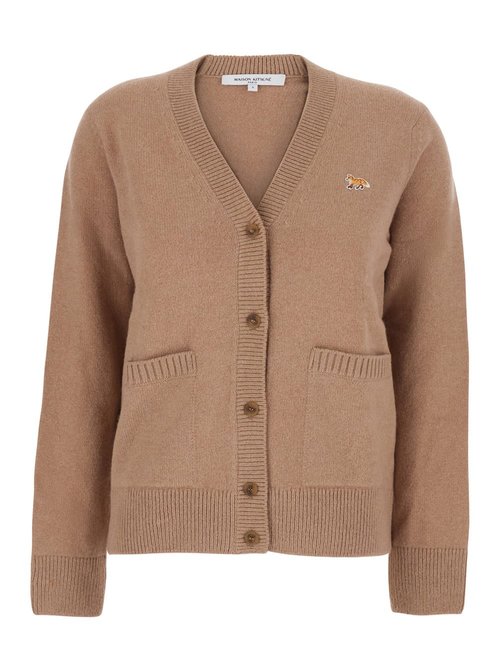 MaisOn Kitsuné Brown Ribbed Crew Neck Cardigan With Logo Embroidery On The FrOnt In Wool - PW00501KT10060054