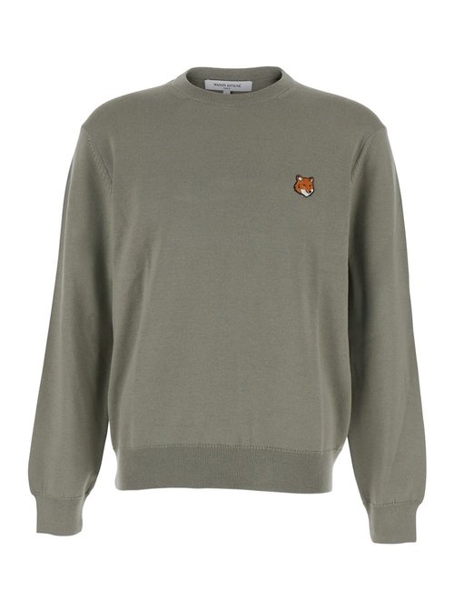 MaisOn Kitsuné Green Crew Neck Sweater With Fox Patch On The FrOnt In Wool Man - PM00801KT1181P131