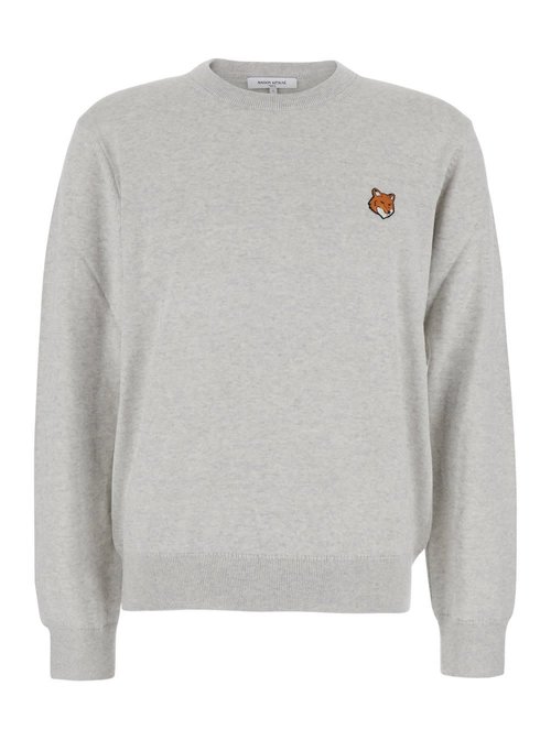 MaisOn Kitsuné Grey Crew Neck Sweater With Fox Patch On The FrOnt In Wool Man - PM00801KT1181H120