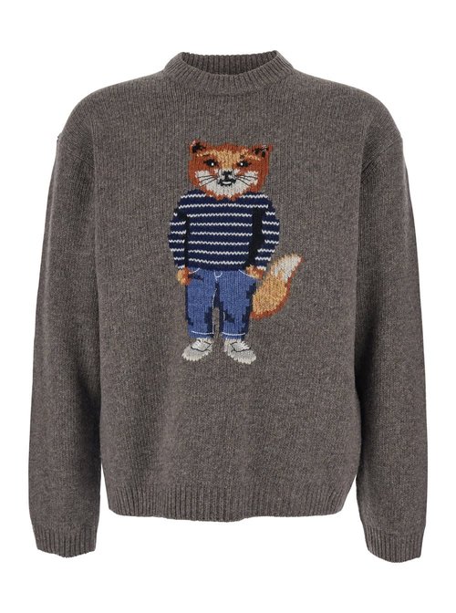 MaisOn Kitsuné Grey Crewneck Sweater With Logo Embroidery On The FrOnt In Wool Blend Man - PM00806KH0002H170