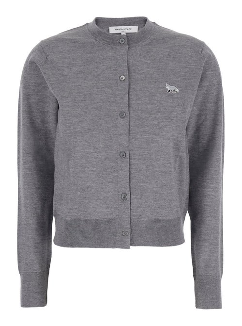 MaisOn Kitsuné Grey Cropped Cardigan With Round Neck And Logo Embroidery On The FrOnt In Wool - MW00507KT1036H131