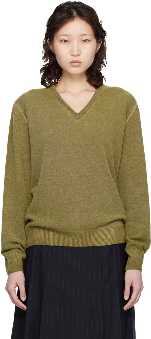 Maison Margiela Green Virgin Wool V-Neck Sweater - Yellow/brown - S51HN0007M13224003F