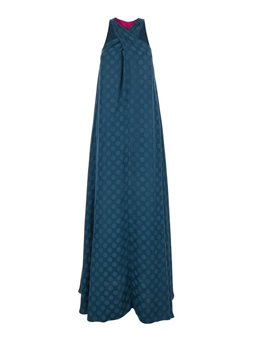 Merci Blue Dress With Neckline On The FrOnt And Polka Dot Motif In Fabric - ABM059DENIM