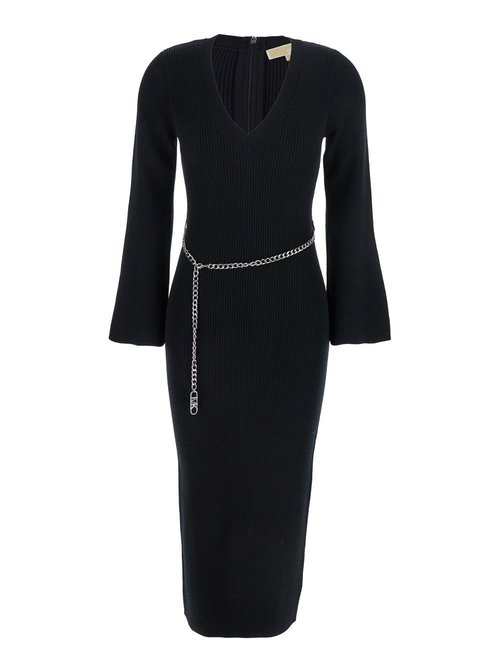 MICHAEL Michael Kors Black Dress With Chain Belt And Logo Plaque On The Rear In Wool Blend Stretch - MF5835G4VR001