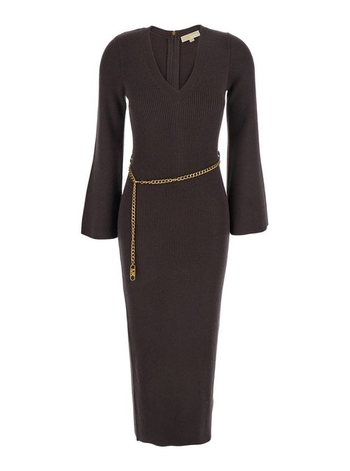 MICHAEL Michael Kors Brown Dress With Chain Belt And Logo Plaque On The Rear In Wool Blend Stretch - MF5835G4VR201