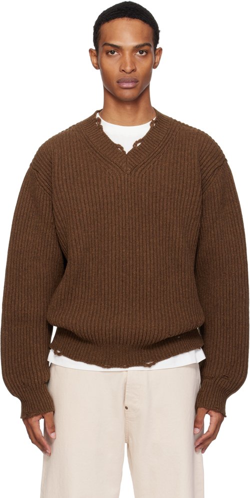 MM6 Maison Margiela V-Neck Sweater | Size XS - Brown Melange - SH0HN0003M13138142M