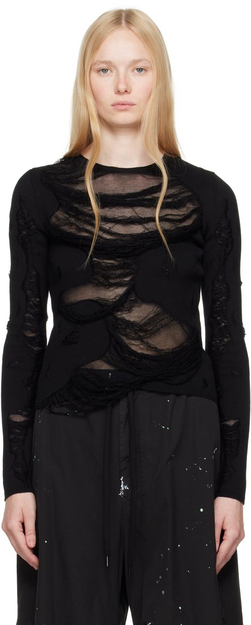 MM6 Maison Margiela Slashed Gauge 14 Crewneck Sweater - Black - S62HL0032 M13121900