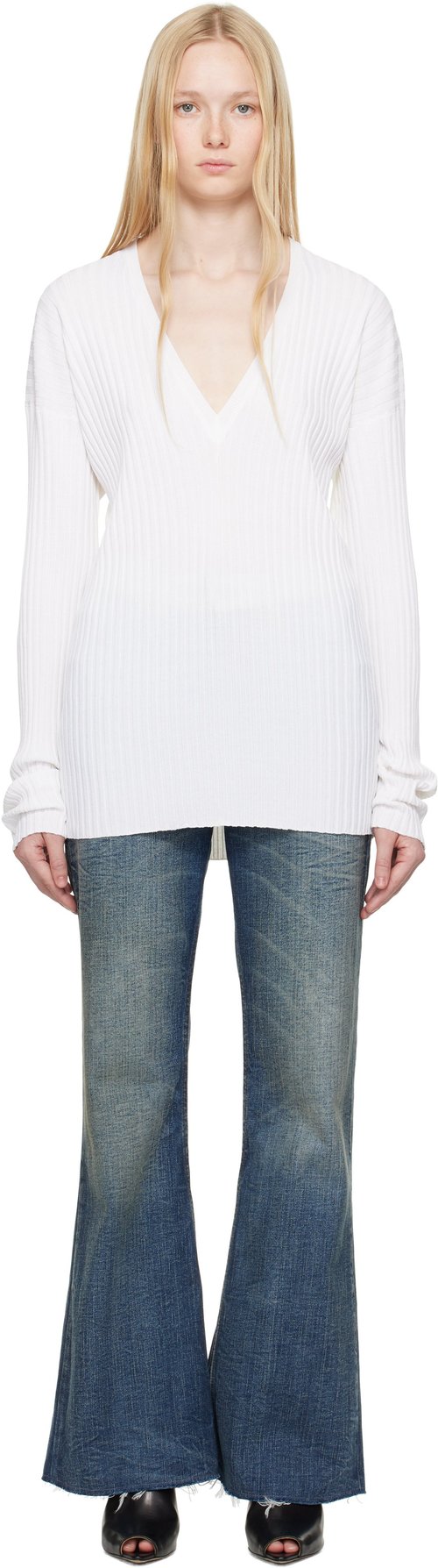 MM6 Maison Margiela White Slouchy Rib Gauge 14 Minidress - Off White - S62DA0050 M13125102