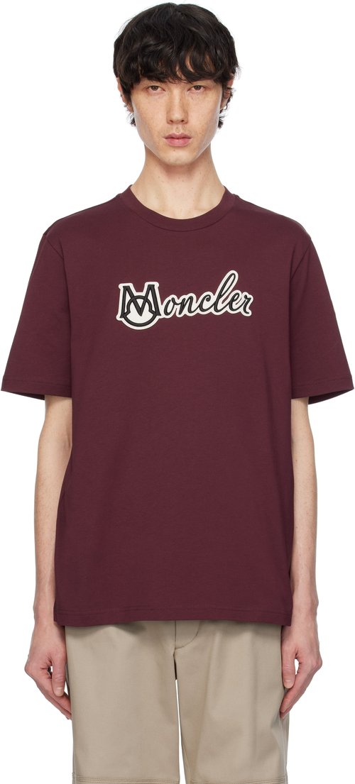 Moncler Burgundy Embroidered Varsity Logo Cotton T-shirt - - Goth Red - K10918C0001189AJS468