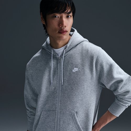 Nike Club Full-Zip Fleece Hoodie - Dark Grey Heather/Light Smoke Grey/White - FN3861-063