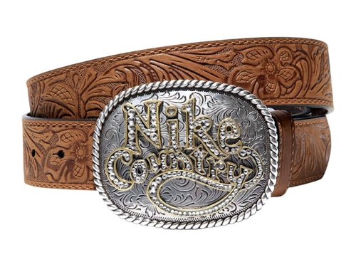 Nike Country Rhinestone Plaque Buckle Embossed Leather Belt - Tan/Beige - 18052-201