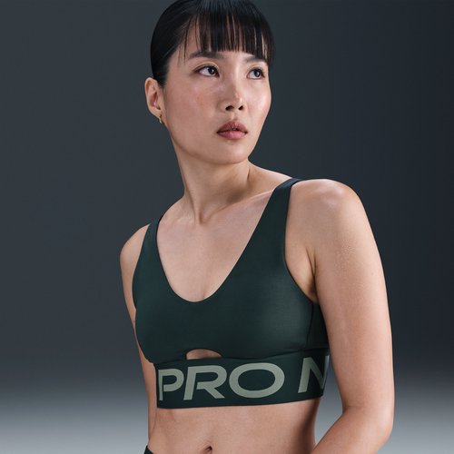 Nike Pro Indy Plunge Medium-Support Padded Sports Bra - Seaweed/Clay Green/White - HF7324-390