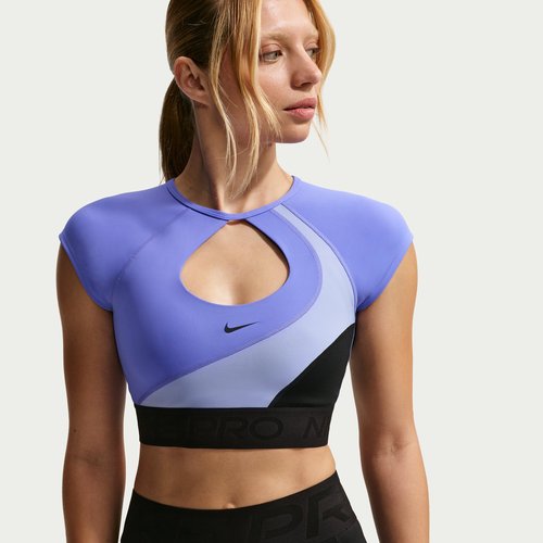 Nike Pro Sculpt Medium-Support Padded Short-Sleeve Sports Bra - Black/Light Thistle/Sapphire/White - IQ0366-010