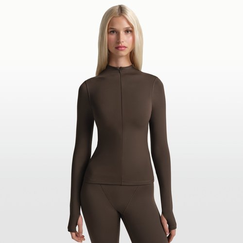 Nike SKIMS Matte 1/2-Zip Mock-Neck Long-Sleeve Top - NSKM Dark Sepia - TPZUP6797W-DSP