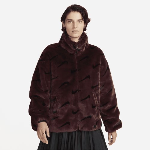 Nike Sportswear Plush Printed Faux Fur Jacket - Burgundy Crush/Black/Black - DQ6842-652