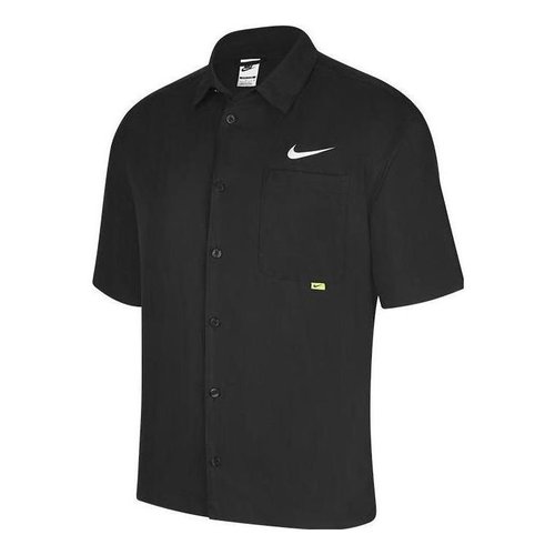 Nike SWOOSH Chest Brand Logo Limited Lapel Solid Color Short Sleeve Shirt - Black - DX6308-010