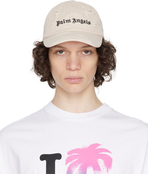 Palm Angels Beige Ripped Logo Cap - Beige Black - PMLB091S23FAB0016110