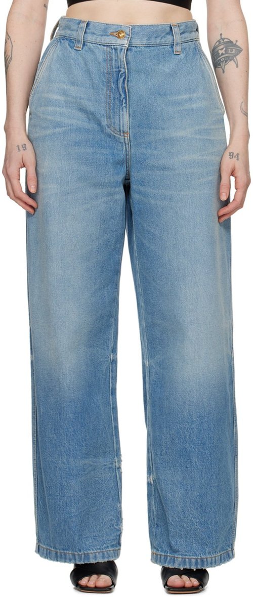 Palm Angels Washed Logo Wide Denim Jeans | Size 29 - Light Blue - PWYB027S24DEN0024040