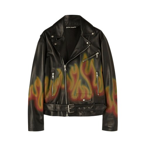 Palm Angels Burning Leather Jacket - Black White - PMJG007F22LEA0011001