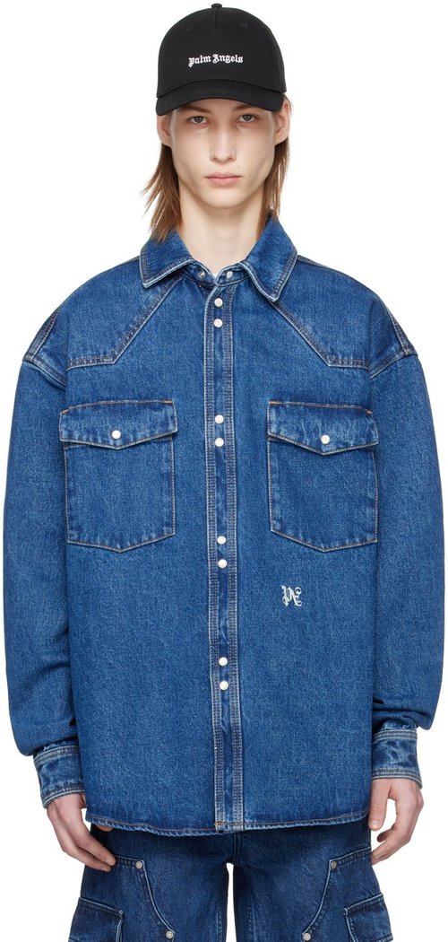 Palm Angels Monogram Denim Shirt - Blue - PMYD023R24DEN0024001