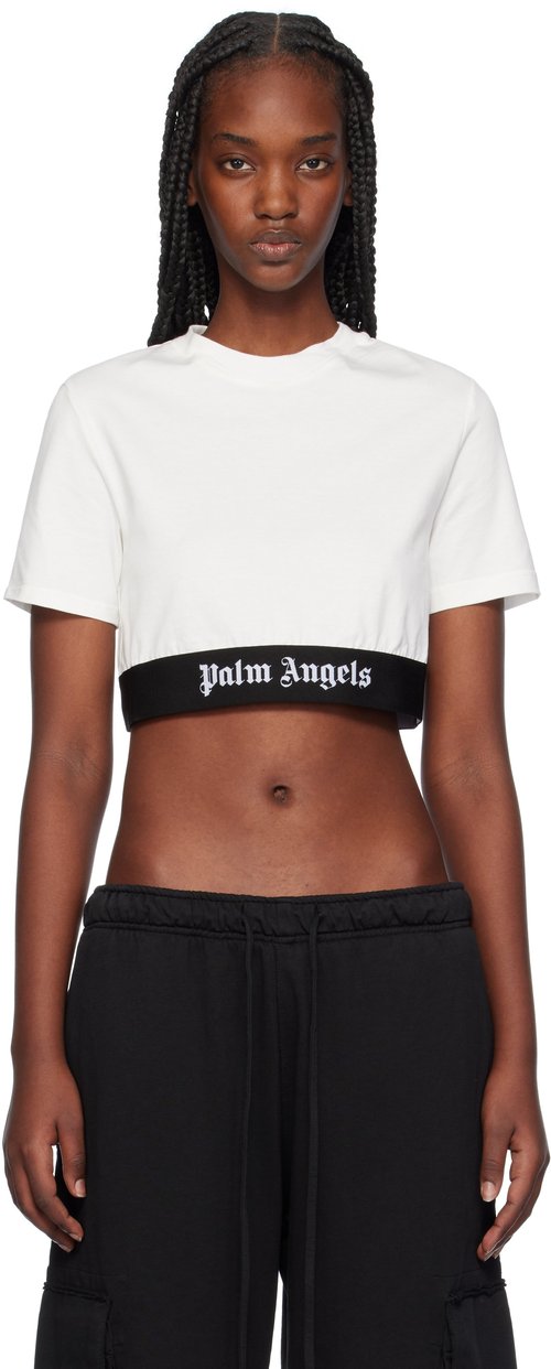 Palm Angels Classic Logo Tape Crop Tee | Size M - Off White Black - PWAA067C99JER0010310