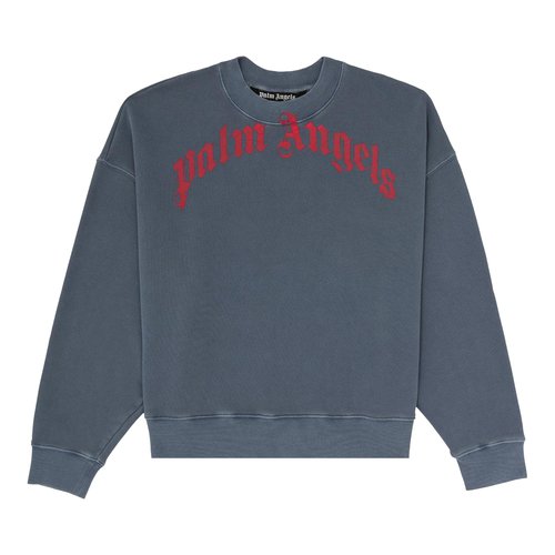 Palm Angels Vintage Wash Curved Logo Crew - Navy Blue - PMBA026R21FLE0064625