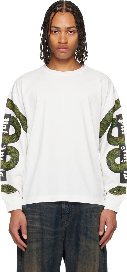 Palm Angels White Snake Box Logo Long Sleeve T-shirt - Off White/Green - PMAB058F25JER0020355