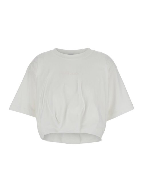 Pinko White Crop T-shirt With Logo On The FrOnt And Gathers In CottOn - 104257A2F8_Z05