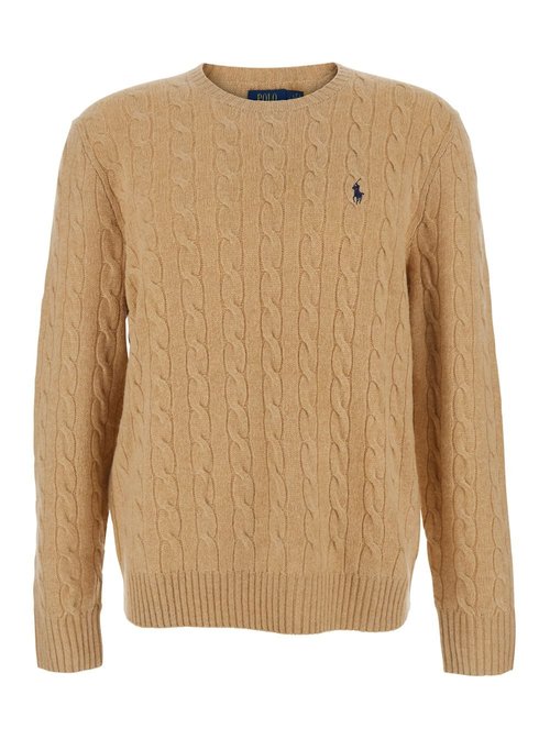 Polo Ralph Lauren Beige Cable Knit Crewneck Sweater With POny Embroidery On The FrOnt In Wool And Cashmere Man - 710876762009