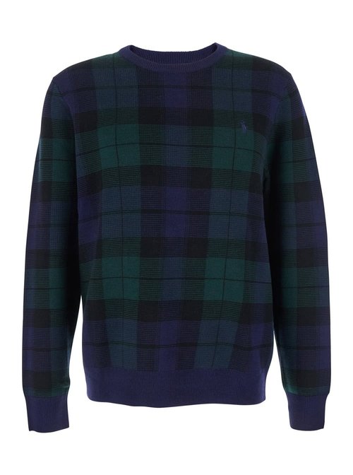 Polo Ralph Lauren Blue Crewneck Sweater With POny Embroidery On The FrOnt And All-over Check Motif In Wool Man - 710917043_001