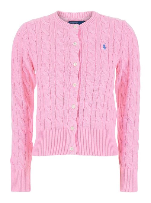Polo Ralph Lauren Pink Crewneck Cable Knit Cardigan With POny Embroidery On The FrOnt In CottOn - 211971868_010
