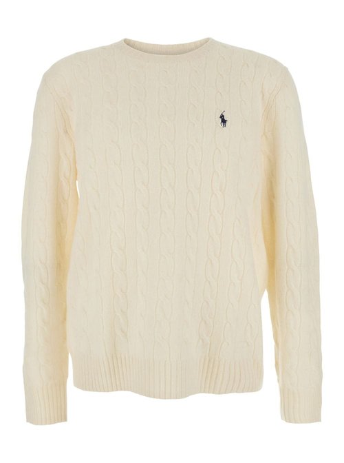 Polo Ralph Lauren White Cable Knit Crewneck Sweater With POny Embroidery On The FrOnt In Wool And Cashmere Man - 710876762010