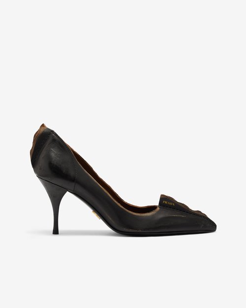 Prada Antiqued Leather Pumps - Black/Tan - 1I194O