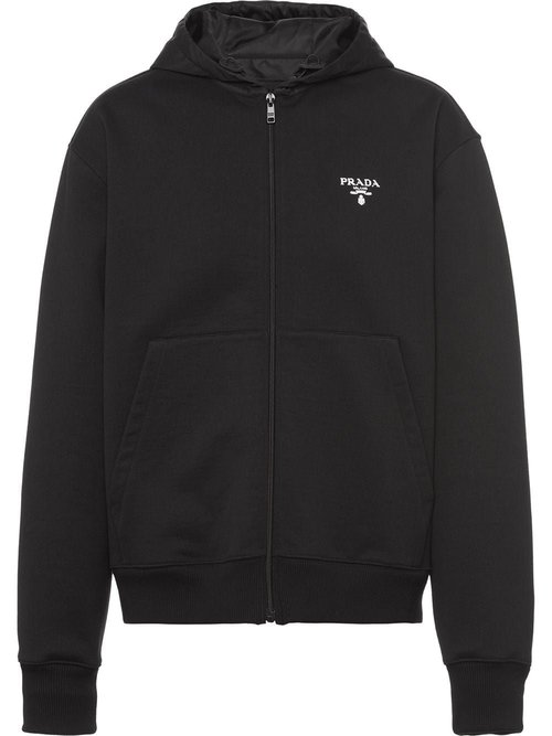 Prada Logo Embroidered Zip Up Hoodie - Black - UJL186S2021YYB