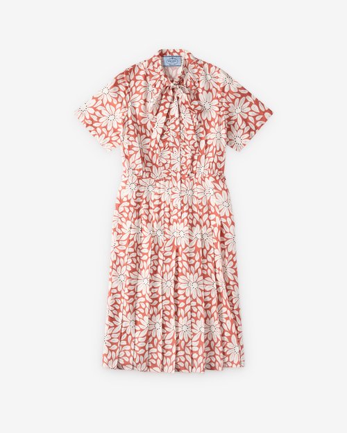 Prada Printed Pleated Pongé Dress - Copper - P3R33