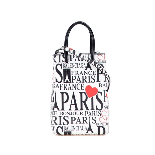 Pre-owned Balenciaga Mini Calfskin Bonjour Paris Shopping Phone Holder 593826 - White - 593826X
