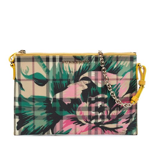 Pre-owned Burberry Haymarket Check Coated Canvas Floral Print Crossbody TIVABB1286 - Brown - TIVABB1286 X