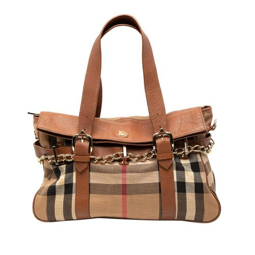 Pre-owned Burberry Leather Trimmed House Check Canvas Handbag Ladies VLPESURT5YXH8WKN - Brown - VLPESURT5YXH8WKN X