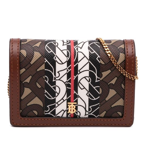 Pre-owned Burberry Monogram Stripe E-Canvas Jessie TB Wallet On Chain Ladies MDICSSTU75CHI - Brown/Gold Tone - MDICSSTU75CHI X