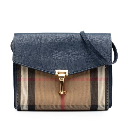 Pre-owned Burberry Small Leather and House Check Canvas Derby Macken Crossbody Ladies CFRNBA1241 - Blue - 07KVIMBN72PNK6F1 X